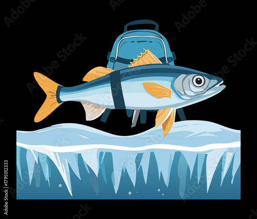 Freshwater Fish Carrying a Small Orange Backpack and Resting on an Ice Floe Ready for a Winter Fishing Trip
