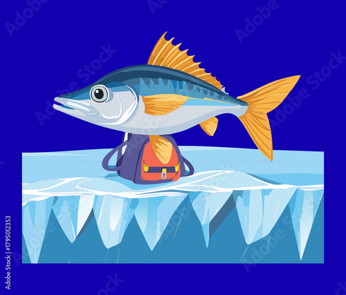 Cartoon Mackerel or Herring Fish Wearing a Red Scarf and Sitting on a Chunk of Ice in the Cold Arctic Water