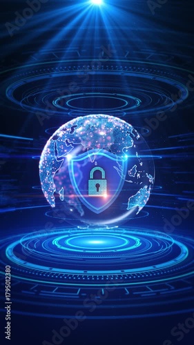 Shield Security. Network Technology Data privacy security background. Internet cyber security cyber attack concept. Digital lock protection viruses malware. Cyber security data protection Big data 3D