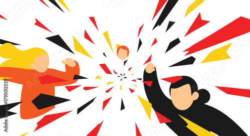 Three People Celebrating With Abstract Colorful Shapes Exploding Outward Against White Background Dynamic Energy