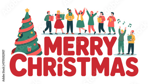 Festive Christmas gathering: A vibrant holiday illustration features a merry group of people celebrating Christmas together, singing carols with presents in hand and the Christmas tree.