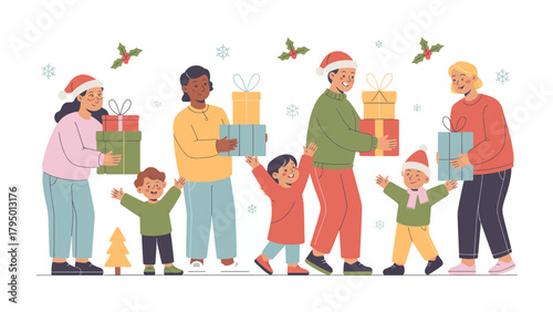 Holiday Harmony: A cheerful family, adorned in festive hats, shares the joy of gift-giving during the holiday season, embodying togetherness and love. 