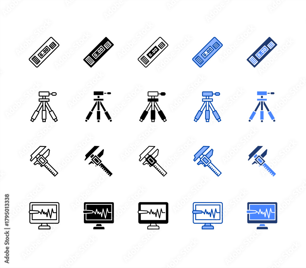 Fototapeta premium Level meter, Tripod, Digital caliper, Monitor multiple style icon set.