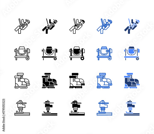 Safety, Concrete, Safety boots, Compaction multiple style icon set.