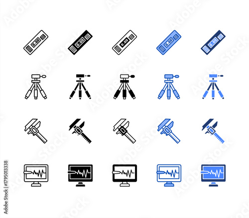 Level meter, Tripod, Digital caliper, Monitor multiple style icon set.