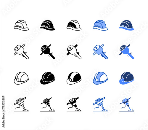 Safety helmet, Soil compactor, Hard hat, Hammer multiple style icon set.