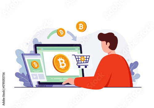 Person using laptop and phone to make a Bitcoin purchase, with coins floating towards a shopping cart.