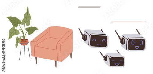 Armchair with green plant next to three robot faces exchanging emotions. Ideal for smart home, AI interaction, comfort, minimalism, technology, creativity, simple flat metaphor