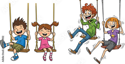Happy cartoon children laughing and swinging together in fun outdoor scene, energetic playful movement, joyful expressions, kids enjoying recreation in colorful illustration