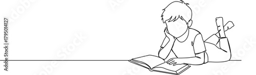 continuous line drawing of girl in prone position on floor reading a book, line art vector illustration