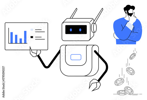 Robot holding chart explaining data trends, person pondering and falling coins illustrating finance. Ideal for AI, data analysis, decision-making, automation, business, technology innovation. Simple