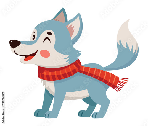 Happy Full Body Cartoon Wolf or Dog Mascot Trotting Forward with a Wagging Tail While Wearing a Cozy Red Winter Scarf