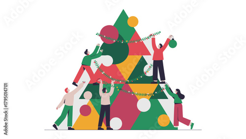 Holiday Cheer Collaboration: A group of individuals is coming together to decorate a vibrant, geometric Christmas tree, creating a cheerful atmosphere of seasonal unity and togetherness.