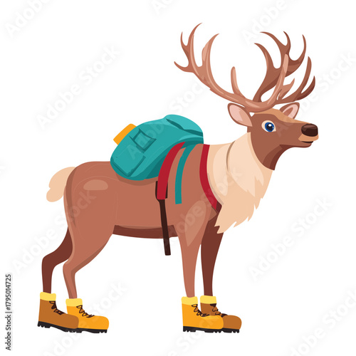 Strong Reindeer Mascot Standing Upright Wearing a Brown Backpack and Warm Boots Ready for an Exciting Winter Expedition