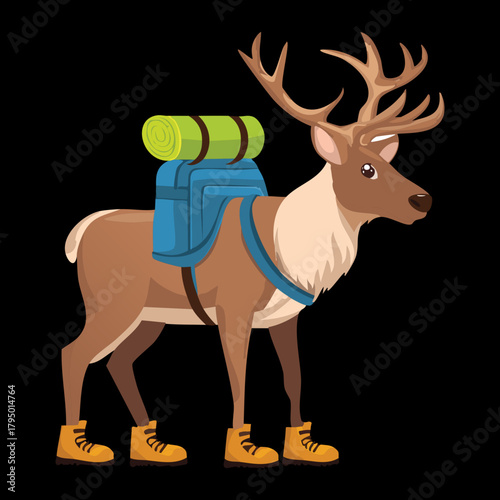 Majestic Reindeer Character Mascot Standing Tall with a Blue Backpack Ready for a Long Trek or Mountain Hiking Adventure