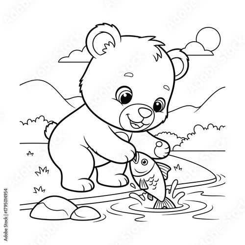 A cheerful bear cub catches a fish in a river, ready for coloring activity.