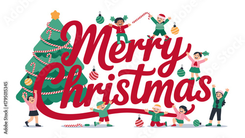 Merry Christmas Greetings: A vibrant seasonal greeting, spreading holiday cheer and warmth featuring a festive Christmas tree and joyful children.