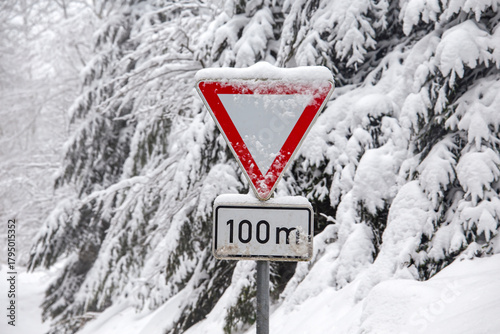 snow-covered roadside traffic sign.