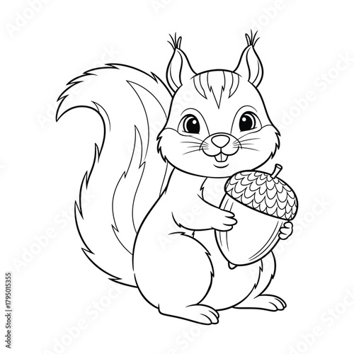 Happy squirrel holding an acorn outline illustration