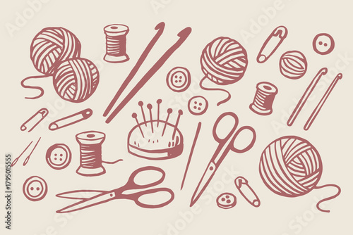 Knitting and sewing tools doodle line set vector illustration