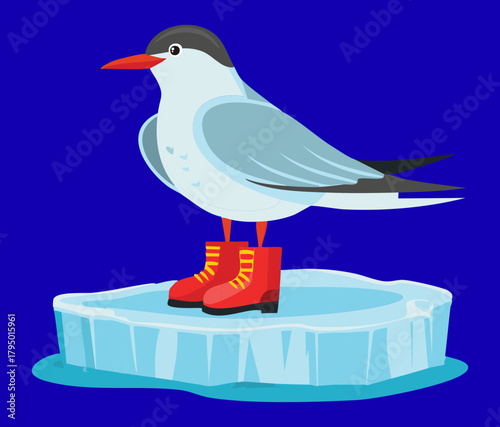 Stylized illustration of a seagull or tern bird standing on an icy blue floe, wearing bright red winter boots for a chilly weather theme vector