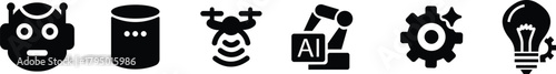 Robotic and Automation Icon Set, Collection and Group of Artificial Intelligence, Machine Learning, and Industrial Robot Symbols, Black Flat Vector AI Technology and Innovation Design
