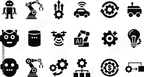 Robotic and Automation Icon Set, Collection and Group of Artificial Intelligence, Machine Learning, and Industrial Robot Symbols, Black Flat Vector AI Technology and Innovation Design