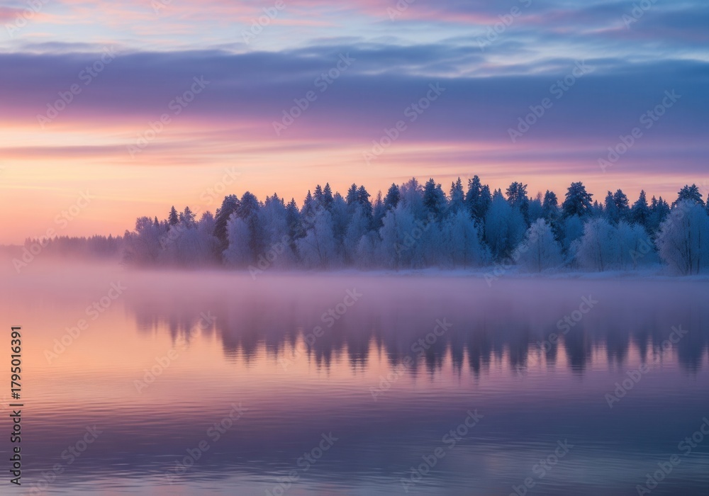 Fototapeta premium Ethereal winter morning with frost-covered trees reflected in a misty, calm river