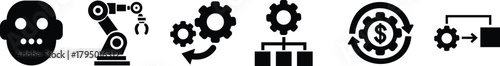 Robotic and Automation Icon Set, Collection and Group of Artificial Intelligence, Machine Learning, and Industrial Robot Symbols, Black Flat Vector AI Technology and Innovation Design