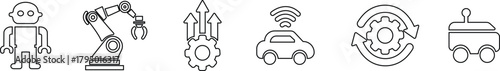 Robotic and Automation Icon Set, Collection and Group of Artificial Intelligence, Machine Learning, and Industrial Robot Symbols, Black Line Vector AI Technology and Innovation Design