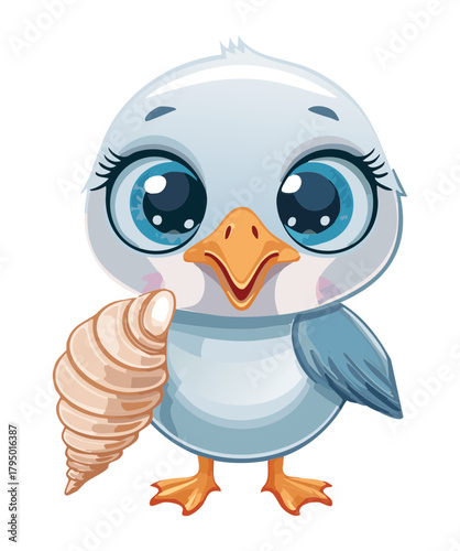 Cute vector illustration of a baby penguin animal with big expressive eyes, holding a small brown seashell, looking very innocent and friendly