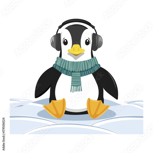 Cute cartoon vector illustration of a penguin animal sitting down on a piece of ice, wearing a striped scarf and large winter earmuffs/headphones