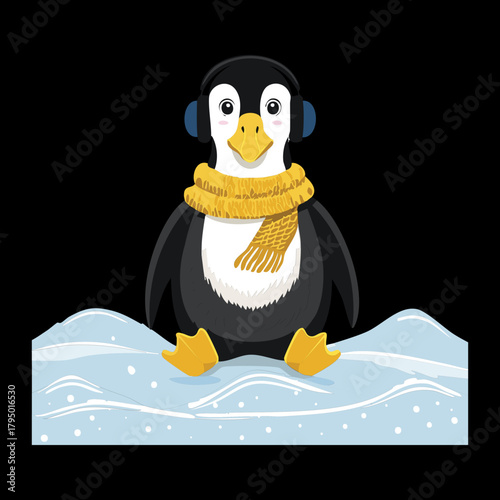 Adorable illustration of a penguin animal sitting on ice, wearing a yellow scarf and earmuffs/headphones, listening to music or staying warm vector