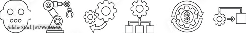 Robotic and Automation Icon Set, Collection and Group of Artificial Intelligence, Machine Learning, and Industrial Robot Symbols, Black Line Vector AI Technology and Innovation Design