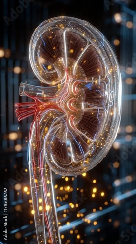3D render of a kidney with glowing particles showing internal anatomy