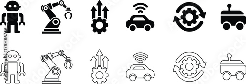 Robotic and Automation Icon Set, Collection and Group of Artificial Intelligence, Machine Learning, and Industrial Robot Symbols, Black Flat and Line Vector AI Technology and Innovation Design