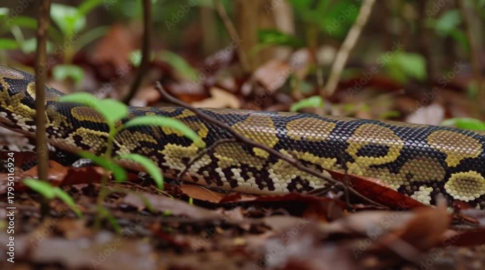 Anaconda snake slithers through a forest floor covered in leaves and twigs, suitable for wildlife or nature documentaries with a dark and earthy mood.