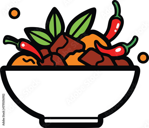 Bowl Of Stew With Meat Vegetables And Chili Peppers And Orange Dots On White Background