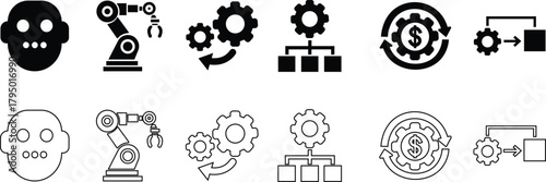 Robotic and Automation Icon Set, Collection and Group of Artificial Intelligence, Machine Learning, and Industrial Robot Symbols, Black Flat and Line Vector AI Technology and Innovation Design