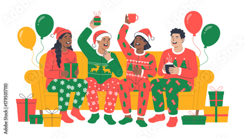 Holiday Cheer and Festive Gathering: a gathering of individuals, sharing gifts and joy and surrounded by festive decorations. Capturing the spirit of togetherness and celebration.