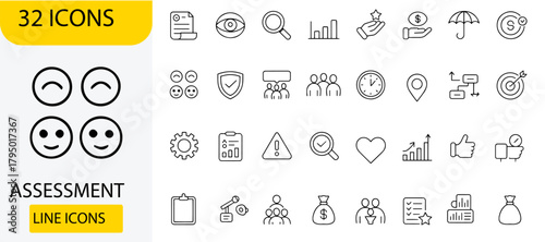 Set of assessment line icons thin line vector symbols for business and finance isolated on a white background suitable for web and mobile design