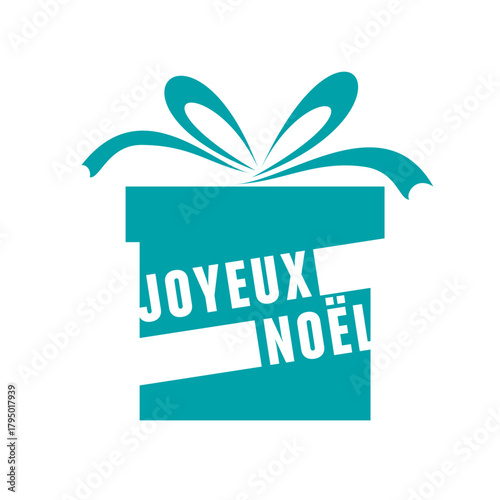 cadeau stylisé, ruban et texte " joyeux noël" sur fond blanc