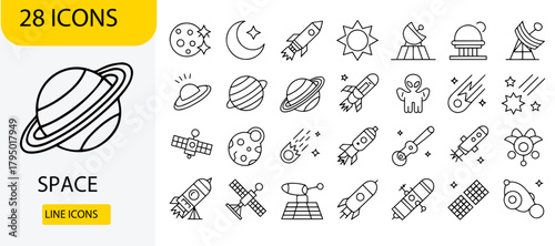 Collection of space line icons vector design elements for astronomy and science projects isolated on white background