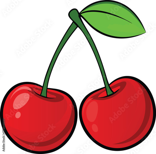 Two Cherries with Leaf Vector Art.