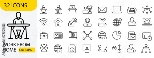 Work from home icon set vector line icons remote office and online business concept for web and mobile design