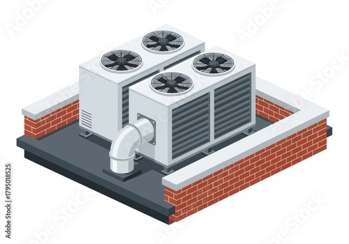 A clean isometric illustration depicts a powerful rooftop HVAC system, showing two large air conditioning units with fans and ductwork enclosed by a brick wall