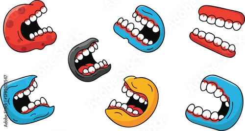 Various Cartoon Mouths With Sharp Teeth Displayed On White Background In A Variety Of Bright Colors