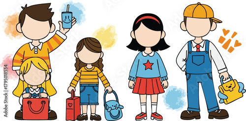 Diverse group of children with luggage and colorful paint splatters ready for travel or art class