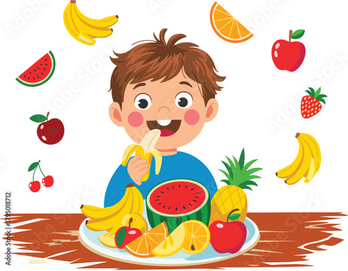 Cute cartoon boy eating banana surrounded by fresh healthy fruits, colorful kids nutrition illustration promoting healthy eating habits and balanced diet