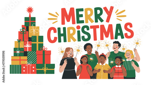 Christmas Greetings: A festive scene where a radiant family joyfully celebrates the holidays. The image encapsulates the spirit of the season, accompanied by the vibrant display of wrapped gifts.